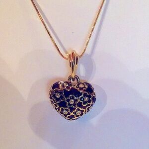 New, Navy Blue enamel heart pendant with flowers